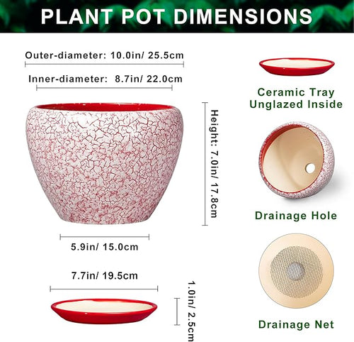 10 Inch Pots for Plants - Ceramic Planter Pots for Indoor Outdoor Plants, Decorative Planter with Drainage Hole and Saucer, Modern Flower Pot, House Decor, Plant Lover Gifts, Crackle Red