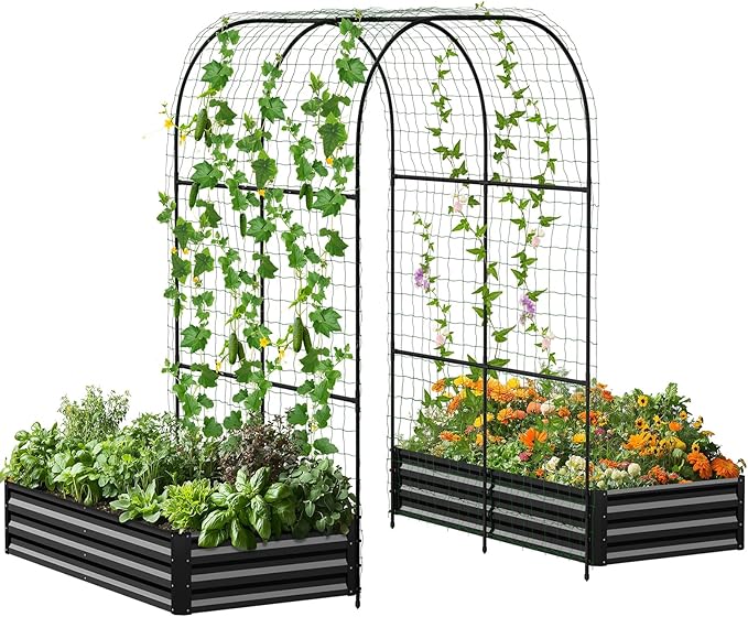 DoCred Galvanized Raised Garden Bed with 87" H Arch Trellis for Climbing Plants, Raised Outdoor Planter Garden Box with Climbing Netting for Gardening, Climbing Vegetables, Flower, Black