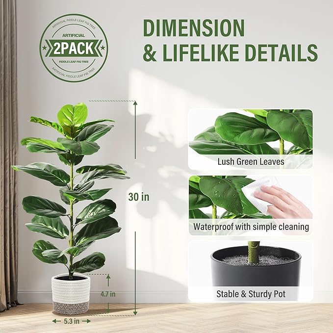 Suntee 2 Pack Artificial Fiddle Leaf Fig Tree, 30" Ficus Lyrata Fake Plants with Cotton Rope Basket, Floor Plant Outdoor Faux Plants for Living Room, Corner, Office, Patio, Windowsill Decor