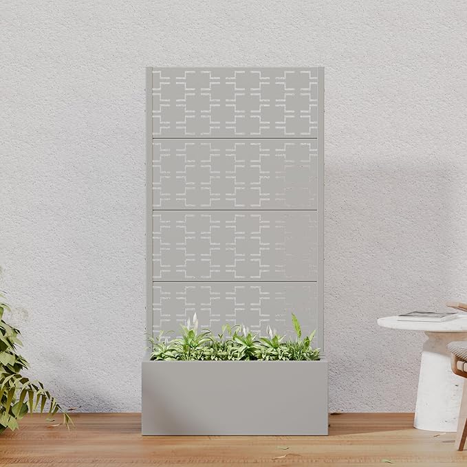 Casaphoria Metal Raised Garden Bed with Trellis, 59"x30"x12" Planter Box for Climbing Plants, Vegetables & Vines, Features Drainage Holes and Privacy Screen, Grey-Brick