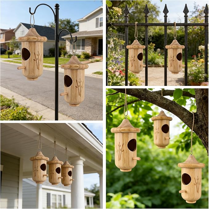 Hummingbird House for Outside Hanging, Small Wooden Hummingbird Gifts Nest 3 Pack with Hemp Ropes, Gardening Gifts Humming Bird Houses Home Decoration
