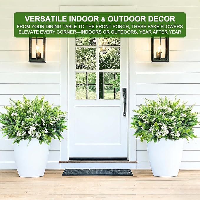 TURNMEON 12 Bundles 4 Styles Fake Plants Artificial Plants Outdoor, UV Resistant No Fade Fake Flowers Outdoor Faux Plants Boston Fern Lavender Plastic Greenery Shrubs for Outside Gardens Home Porch