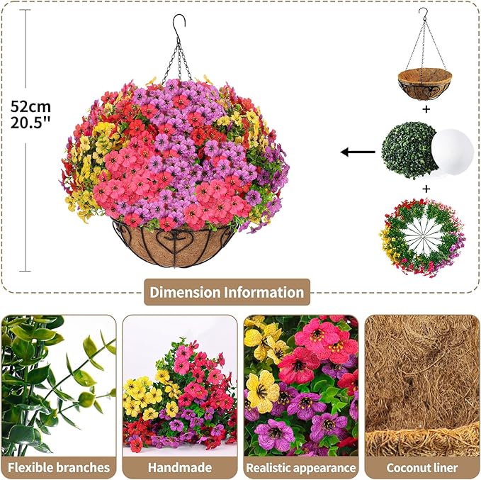 2 Sets Artificial Hanging Flower for Outdoors, Fake Hanging Basket for Outside,2 Hanging Basket with 26 Pcs Faux Silk Flowers for Porch, Balcony and Patio Decor(Mixed)