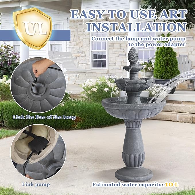 Grepatio Italian Outdoor Water Fountain, 3 Tiers Bubbler Garden Waterfalls Fountains, 40.6" H Tall Roman Pillar Floor Water Fountain for Indoor, Yard, Lawn and Garden Décor