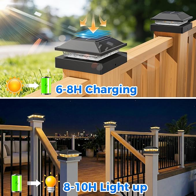 Peasur 4x4 Solar Post Cap Lights, 2 Modes 16 LED Post Solar Lights Waterproof, 4 Pack Black Fence Deck Lights Fit Wooden/Vinyl Post for Porch Patio