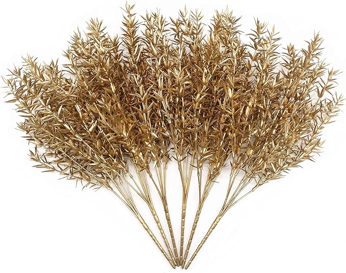PASYOU Fake Plants Christmas Decorations, Artificial Flowers Golden Plastic Shrubs Faux Leaves Outdoor Indoor Home Garden Party Room Bedroom Office Wedding Table Centerpiece DIY Decor, Gold 6 Bunches