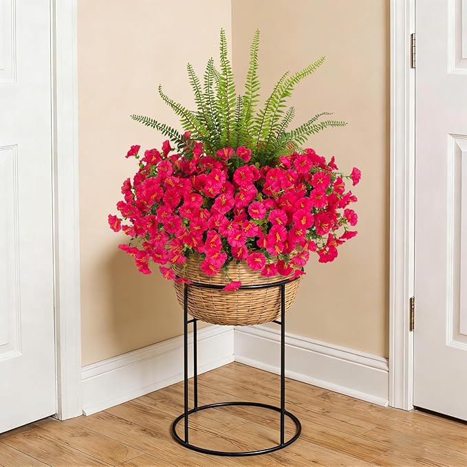 Hrobek Artificial Flowers for Outdoors Faux Plants Outside Indoor,UV Resistant Silk Fake Petunia Ferns for Home Patio Garden Back Yard Front Porch Decor(13 Bunches,Hot Pink)