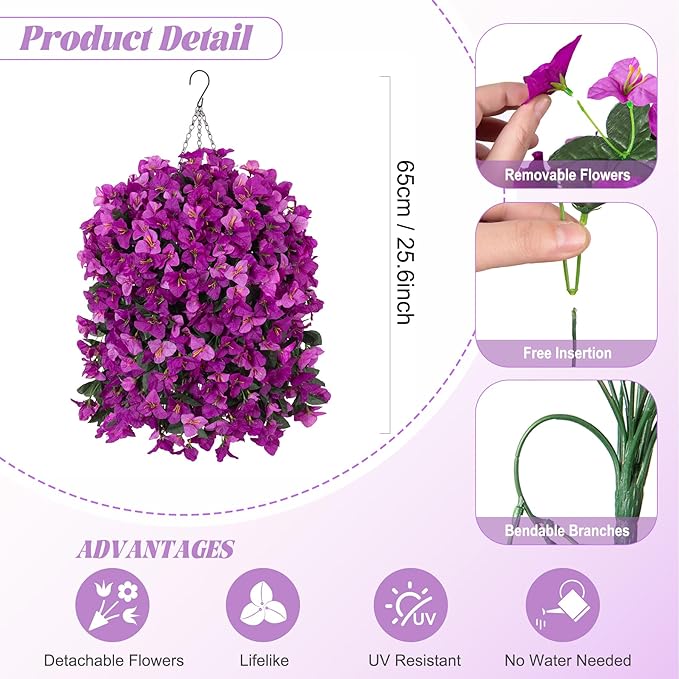 Artificial Fake Hanging Flowers with Basket for Outdoors Decoration, 3PCS Faux Flowers for Outdoor Planters UV Resistant No Fade Silk Bougainvillea for Home Porch Patio Garden Balcony Yard Decor