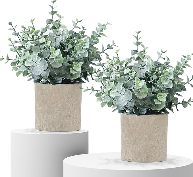 2 Pack Fake Plants Eucalyptus Small Potted Artificial Plants Indoor Greenery for Shelf Desk Home Bathroom Modern Farmhouse Living Room Coffee Table Decor