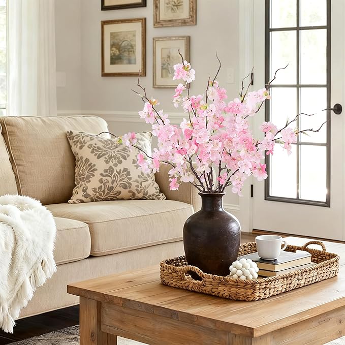 INXUGAO 12 PCS Faux Cherry Blossom Branches Décor 22.83 Inch Fake Artificial Cherry Flowers for Home Indoor Decoration Vase Arrangement Table Living Room Bedroom Spring Decor