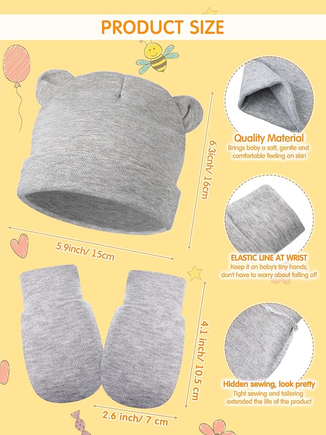 Geyoga 12 Pieces Newborn Hat Mittens Gloves Set Baby Boys Girls Cotton Baby Beanie for 0-12 Months