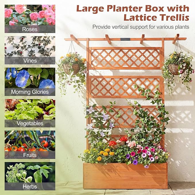 Giantex Raised Garden Bed with Trellis 2 Pack, 72'' Wooden Planter Box Outdoor w/Privacy Screen Roof, Large Vertical Garden Planter w/Drainage Holes for Climbing Plants, Patio Balcony Backyard