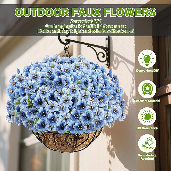 Artificial Flowers Fake Plants for Outdoors Spring Decoration, 13Bundles Silk Realistic UV Resistant Faux Flowers for Outside Planter Porch Yard Patio Garden Home Indoor, Blue