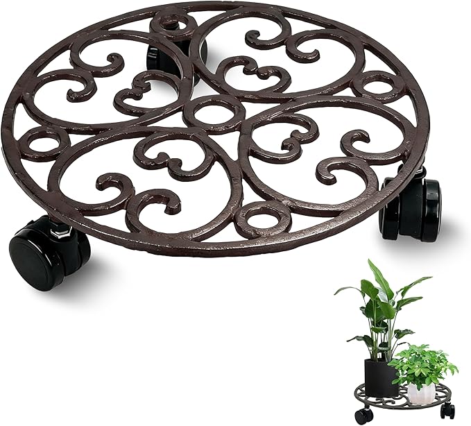 Plant Stand with Wheels, 10.7 Inch Anti-Rust Cast Iron Heavy Duty Plant Caddy with Wheels, Rustic Plant Caddy & Plant Stand Indoor for Potted Plants, 160 lbs Capacity for Living Room, Courtyard, No Assembly Required