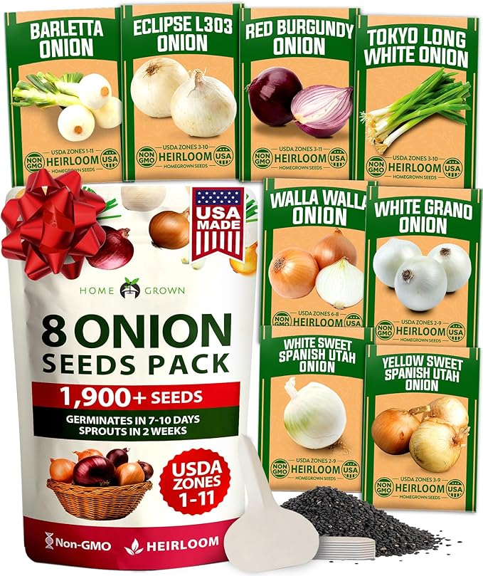 HOME GROWN 8 Onion Seeds for Planting 1,600 Heirloom Vegetable Seeds Grow Sweet, Yellow, Red, Spanish, Green & Vidalia Onions in Outdoor or Indoor Home Garden
