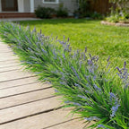 12 Bundles Artificial Grass Fake Plants，Outdoor Fake Monkey Tail Grass with Flowers for Pot UV Resistant Lavender Patio Garden Porch Home Window Hanging Planter Decor Faux Plastic Shrubs(Puper+Green)