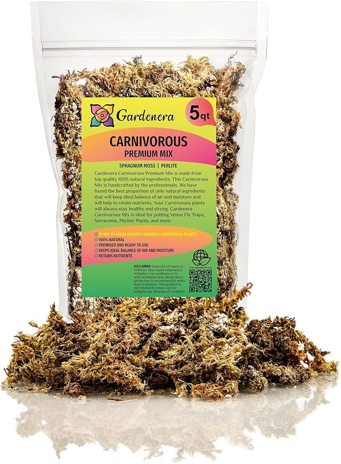 GARDENERA Sphagnum Moss Potting Mix for Carnivorous Plants, Moss and Perlite Blend for Potting Venus Fly Traps, Sarracenia, Pitcher Plants - 75% Sphagnum Moss + 25% Perlite - Made in USA - 5 Quart