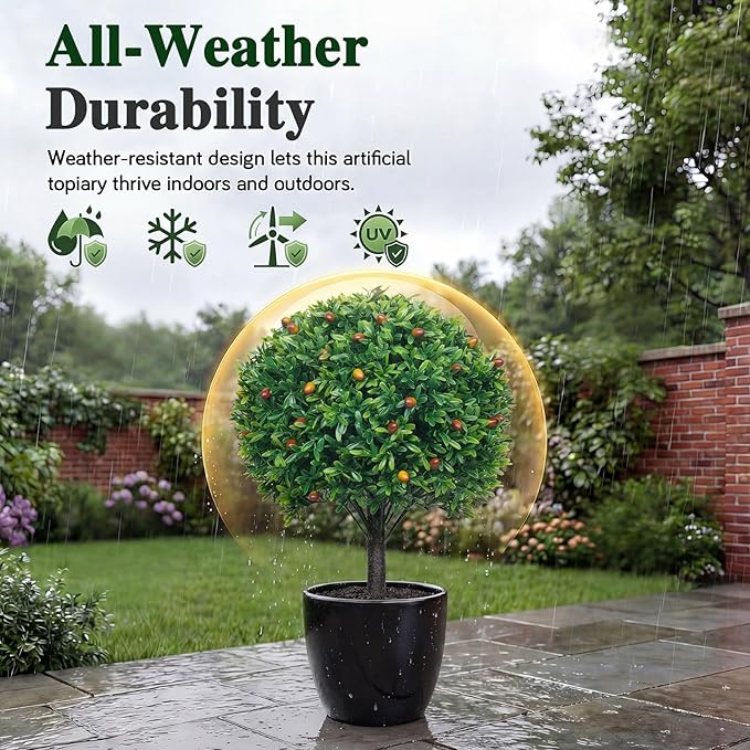 PATIO CHOICE Artificial Topiary Boxwood Ball Trees Set of 2 30" Fake Outdoor Plants Realistic Olive Tree Fake Bushes Lifelike Shrubs Decorations for Outdoor Indoor Front Porch Garden