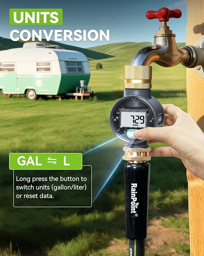RAINPOINT Water Flow Meter with Brass Inlet, Water Meter for RV Tank Filling, Garden Hose Watering, Lawn Sprinkler & Nozzle Sprayer, ±5% Accuracy, Max Measured Consumption of 9999.9 Gallon/Liter