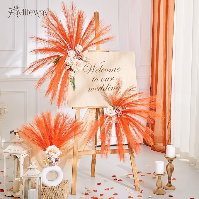 50PCS Light Orange Pampas Grass Decor, 17" Fluffy Small Pampas Grass for Vase Filler, Home Wedding Wall Table Party Decoration
