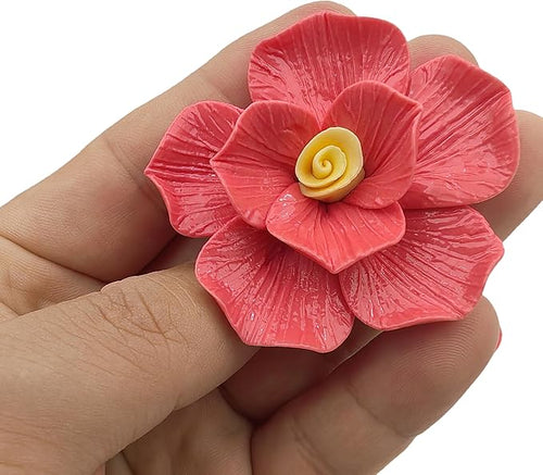 10 PCS 3D Flower Ceramic Tiles,1.6" Handmade Procelain Ceramic Flowers for Artwork,Fish Tank,Vases,Living Room, Dining Table,Office, Home Floral Decor (Double-Flowered Red)