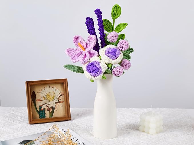 Crochet Flower Bouquet Handmade Crochet Flowers Knitted Tulips Rose Bouquet for Valentines Birthday Party Home Decor Wedding for Women Lover Friends Daughter(Purple)