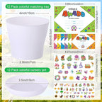 Domensi 12 Pack Garden Pot Craft Kit 4 Inch DIY Spring Crafts for Kids Bulk Plastic Flower Plant Pot Plastic Planter with Tray Drainage Holes with Tag, Certificate of Award, Sticker (White)