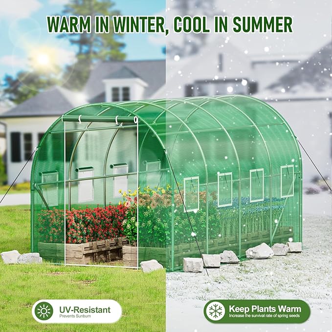 SPECILITE Walk-in Tunnel Greenhouse for Outdoors, 15×7×7 FT Heavy Duty Hoop House Kit with 8 Screen Windows, Thicken PE Cover & Galvanized Frame, Portable Large Green Houses for Outside, Winter, Green