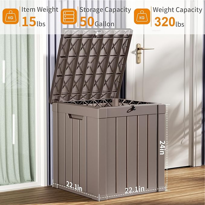 PatioZen 50 Gallon Resin Deck Box, Lockable Patio Outdoor Storage Box for Furniture, Garden Tools and Tools Storage, Waterproof Outside Storage Boxes - Grey