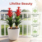 Artificial Flowers for Outdoors, Fake Bromeliad Flowers, Real Touch Fake Plant, Fake Flower for Decor Living Room Home Office Desk, 18 inch, 2 Pcs No Pot (Red)