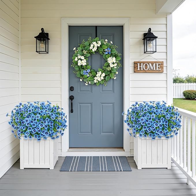 24 Bundles Artificial Flowers for Outdoors Fake Silk Flowers UV Resistant Faux Plants Eucalyptus for Spring Summer Decoration Planters Table Vase Garden Yard Porch Window Home Decor, Blue