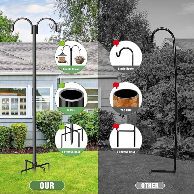 Double Shepherds Hooks for Outdoor, 60" Heavy Duty Bird Feeder Pole with 5-Prong Base - Rust-Proof, Adjustable Bird Feeder Hanger for Garden, Wedding Decor & Hanging Plants