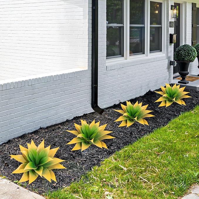 2 Pack 16 Inch Artificial Agave Plant - Large Faux Succulent Steams for Indoor Outdoor Decorating, UV Resistant Realistic Tropical Greenery for Garden Front Porch Aesthetic Decor - 18 Leaves, Yellow