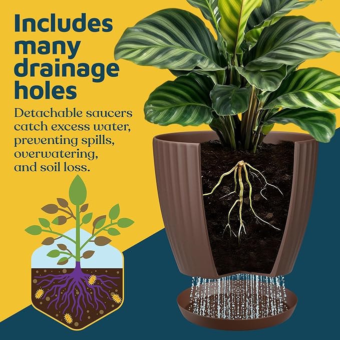 Brown 6-Inch Plant Pots with Drainage & Saucers 24 Pack, Indoor & Outdoor Planters for Houseplants, Herbs, and Flowers, Durable & Weatherproof Material, Stackable, Lightweight, Minimalist Design