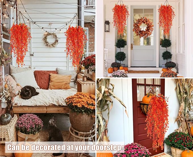RECUTMS Artificial Hanging Plants Fall Faux Eucalyptus Leaf Fake Hanging Plants Fall Hanging Vines Artificial Flowers Faux Autumn Plants for Thanksgiving Indoor Outdoor House Wedding Party(Gold)