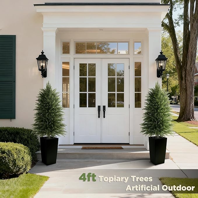 4FT Tall Artificial Cedar Topiary Tree with Full Bushy Columnar Shape, Realistic Faux Cypress in Square Black Pot with Fillable Water Bag, Outdoor Evergreen for Front Porch Garden Home Decor