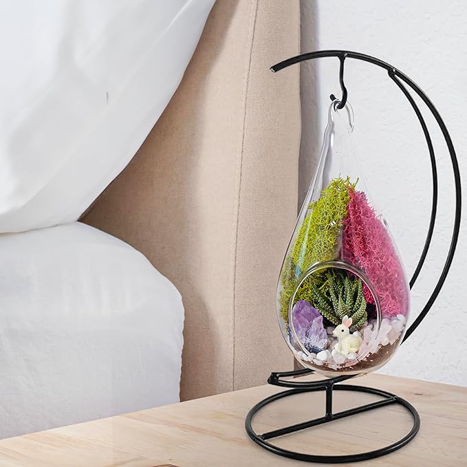 Creations by Nathalie DIY 7" DIY Teardrop Terrarium Kit - Build Your Own Glass Terrarium for Adults & Teens with Moss, Crystals, Tools & Decorative Figurine - Mini Ecosystem (Plant Not Included)