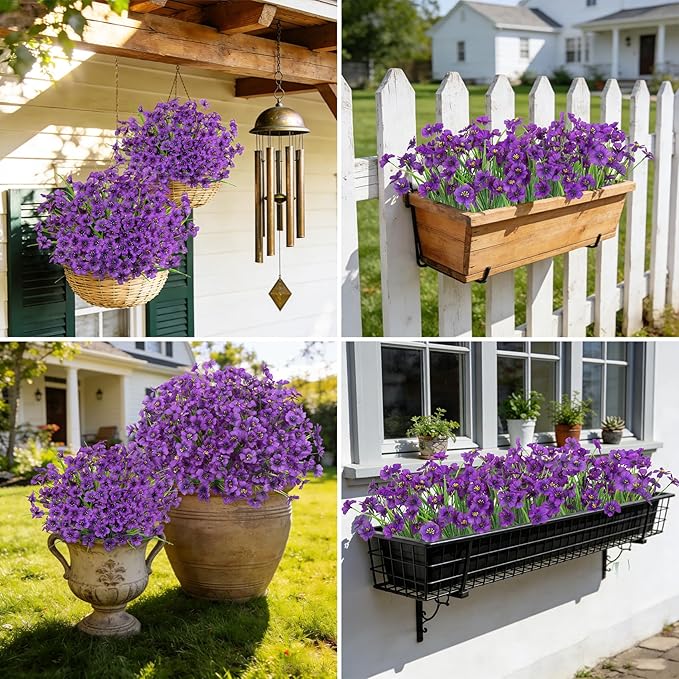 Roberly 24 Bundles Artificial Flowers for Outdoors UV Resistant Silk Fake Flowers Faux Plastic Plants for Porch Garden Window Box Indoor Outdoor Spring Summer Home Farmhouse Decor, Purple