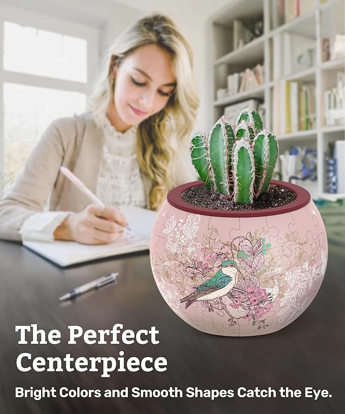 PieceRelax 3D Puzzle Planter - Singing Birds and Flowers - Danish Folklore Style, for Mom, Home Decor Flower Pots for Indoor Cactus, Succulents Pots [K1100]