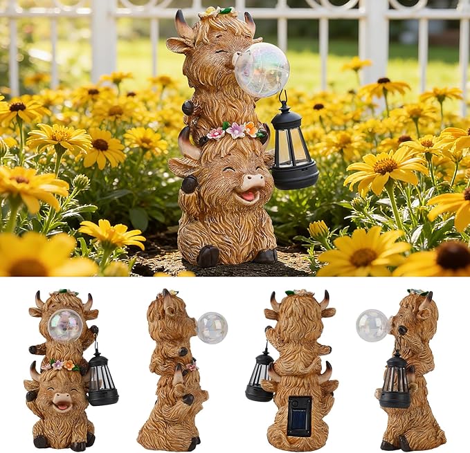 Joint Honglin Solar Highland Cow Garden Statue with LED Lights, Cute Resin Outdoor Decor with Glowing Lantern & Light-Up Bubble, Waterproof Solar Yard Ornament for Lawn, Patio & Garden (Brown Cow)