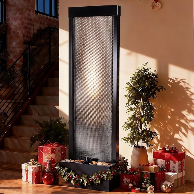 Jocoevol Mesh Panel Waterfall Fountain, Large Indoor Water Feature with Stones & Light, 63.4" Floor Standing Water Wall for Home Decor, Living Room, Patio, Outdoor Garden