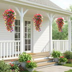 CEWOR 4pcs Artificial Hanging Plants for Outdoor, Fake Flowers Faux Silk Morning Glory with Eucalyptus, UV Resistant Realistic Faux Flower Greenery for Outside Indoor Home Porch Patio Decor
