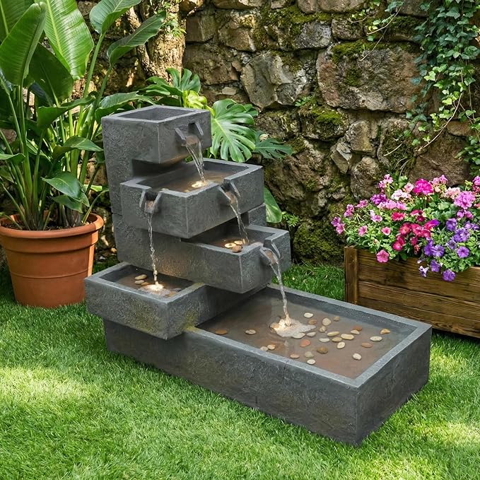 Sunlinua 26" H Outdoor Water Fountain with 4 Tiers Cascading Rock Texture Waterfall Fountains with LED Lights Outdoor Water Fountain for Garden Patio Backyard Porch Home Decor