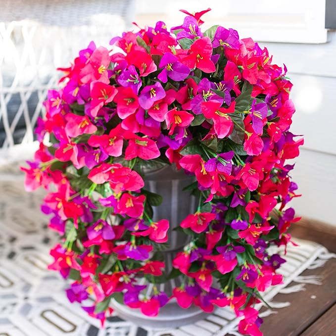 HyeFlora Bougainvillea Artificial Hanging Flowers Plants for Outdoors Decoration, 2pcs Fake Flowers Silk Bougainvillea Vines Realistic UV Resistant Faux Flowers for Outdoor Planters Porch Patio, Mix