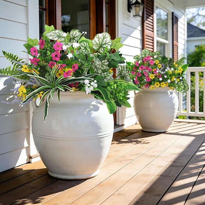 Roberly 20 Pcs Artificial Plants Outdoor, Fake Plants UV Resistant Greenery Stems Plastic Leaves Faux Flowers Bushes for Spring Summer Table Patio Front Porch Garden Indoor Outdoor Home Decor