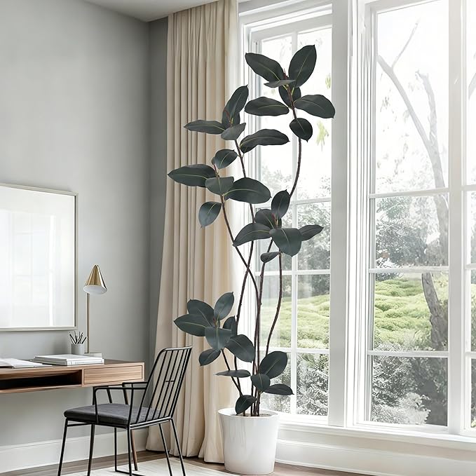 Artificial Rubber Tree 7FT(84in) Tall Faux Trees with Realistic Leaves, Fake Rubber Floor Potted Artificial Plants for Home Office Living Room Indoor Outdoor Decor (7feet,1Pack)
