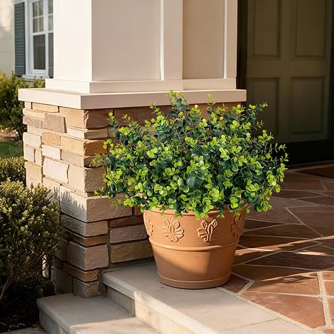 17 Inch Artificial Plants Outdoor Faux Shrubs Eucalyptus Boxwood Grass UV Resistant Fake Plant Greenery Decor for Indoor Window Garden Patio Pathway Front Porch Home Decor（6 Bundles,Green）