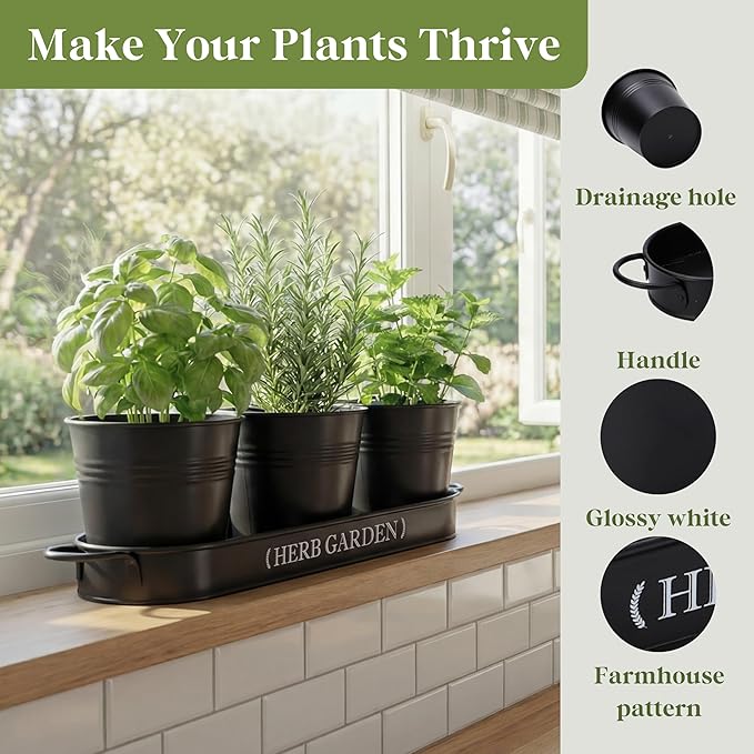PERFNIQUE Indoor Herb Garden, Herb Planter for Indoor/Outdoor, Farmhouse Plant Pots, Windowsill Herb Garden with Tray(Planter only) Window Pots