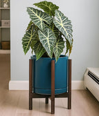 D'vine Dev Ceramic Planter with Walnut Color Stand - 12 Inch Modern Round Flower Pot with Wood Planter Holder, Teal, 55-B-W-4
