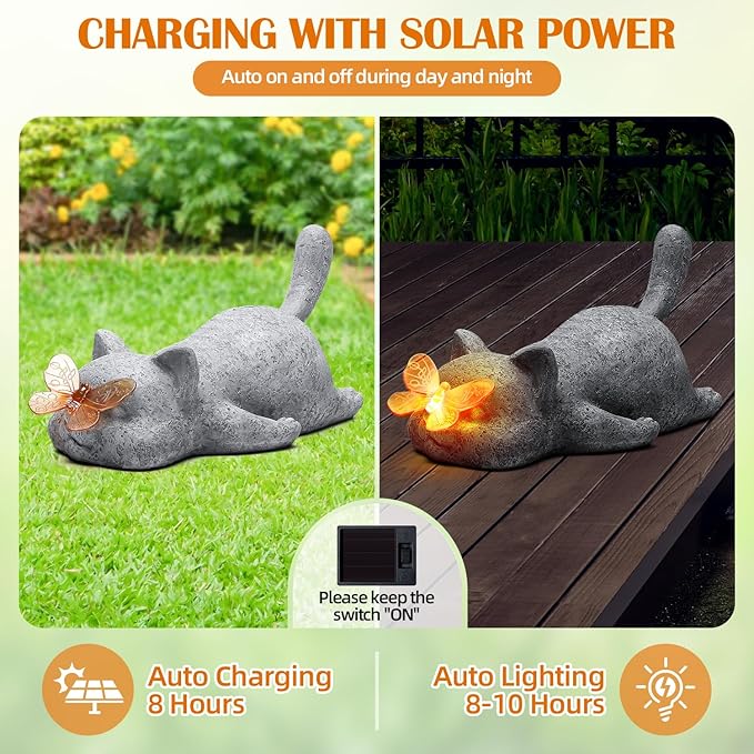 Garden Outdoor Statues Solar Cat Outside Statue Garden Decor for Yard Patio Home Porch Lawn Balcony, Gifts for Mother Grandma Women